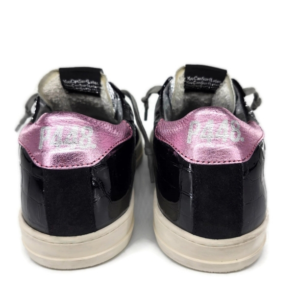 P448 John Black Suede Patent Leather Croc Pattern Pink Heel Pad Lace Up Sneakers - Picture 4 of 16